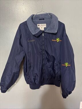 Columbia men Kozmo com Navy Blue Puffer Jacket with Light Blue Fleece Collar